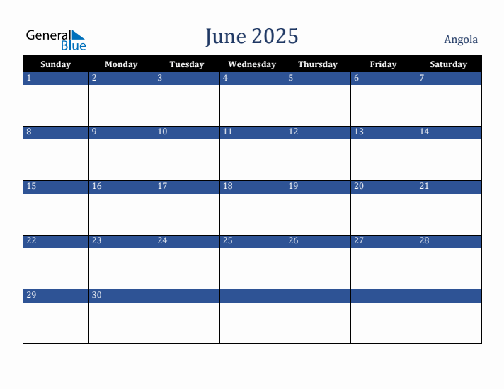 June 2025 Angola Calendar (Sunday Start)