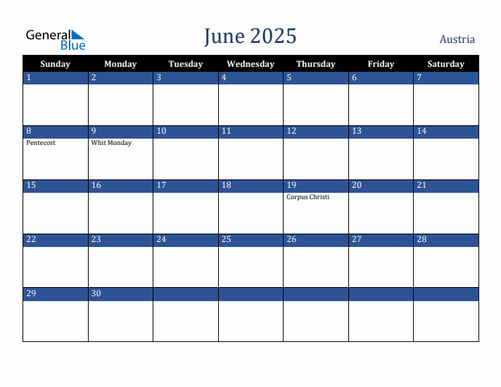 June 2025 Austria Calendar (Sunday Start)