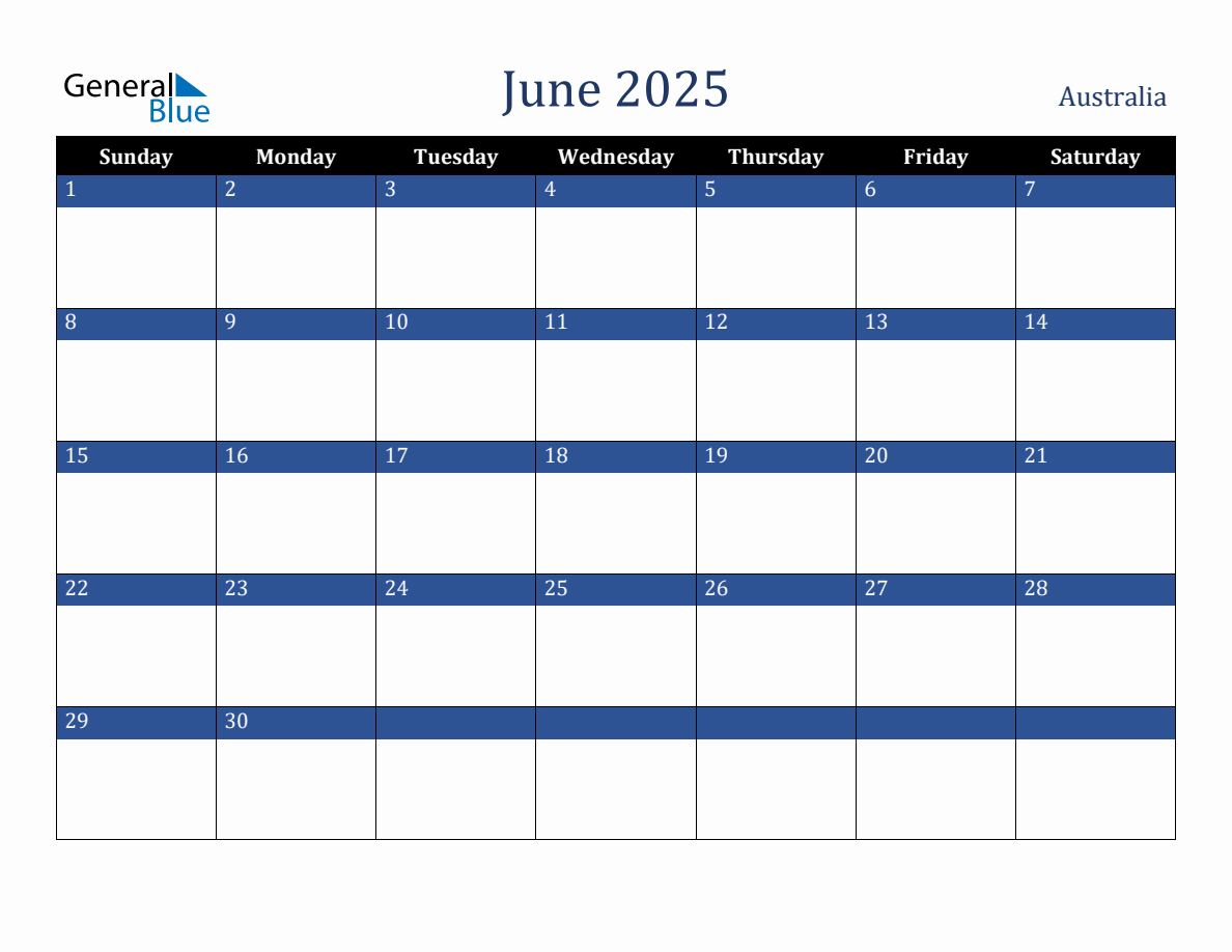 June 2025 Australia Holiday Calendar