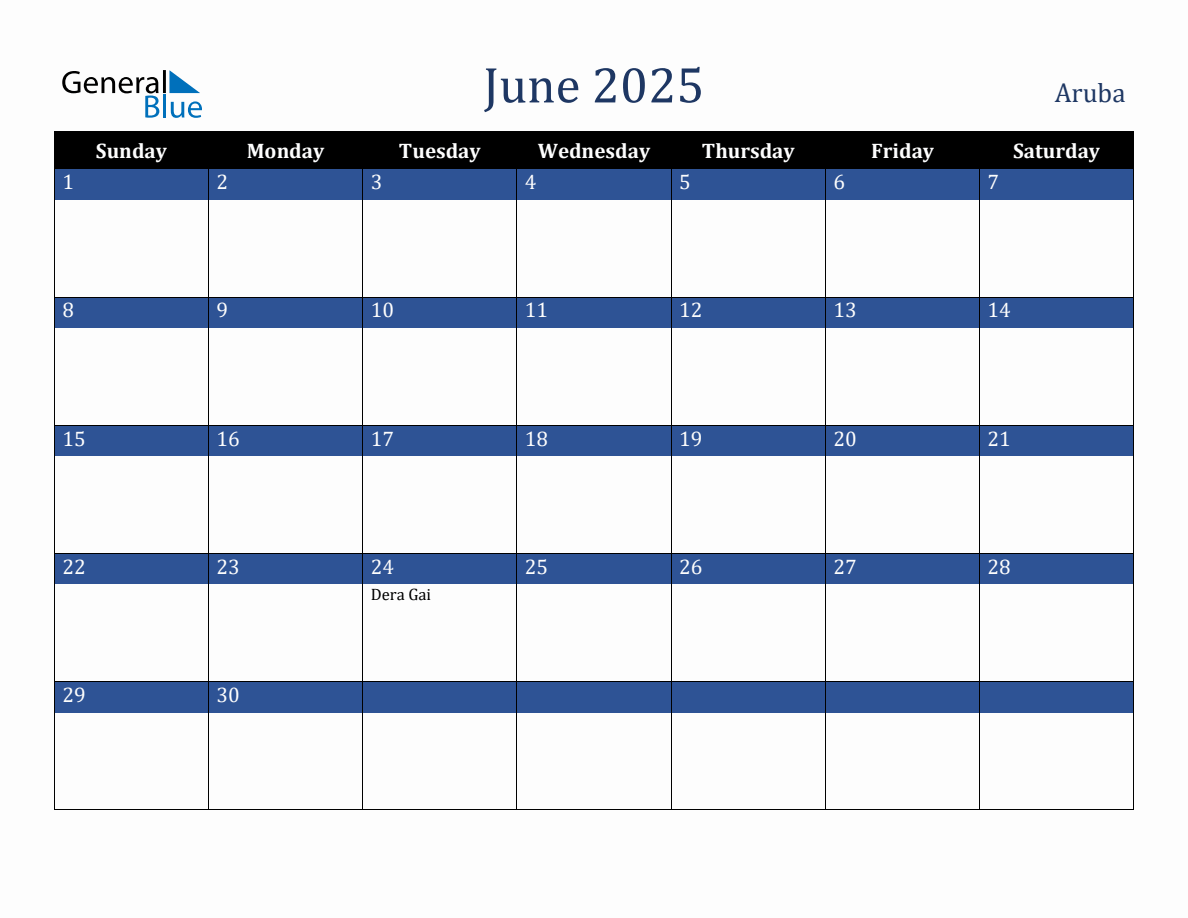 June 2025 Aruba Holiday Calendar