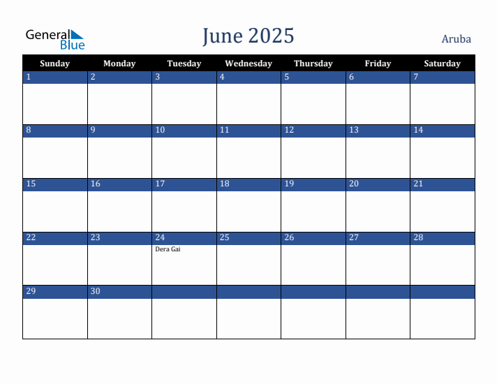 June 2025 Monthly Calendar with Aruba Holidays