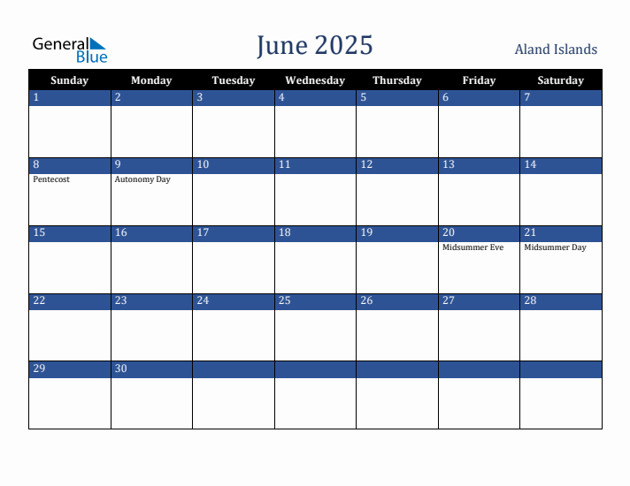 June 2025 Aland Islands Calendar (Sunday Start)
