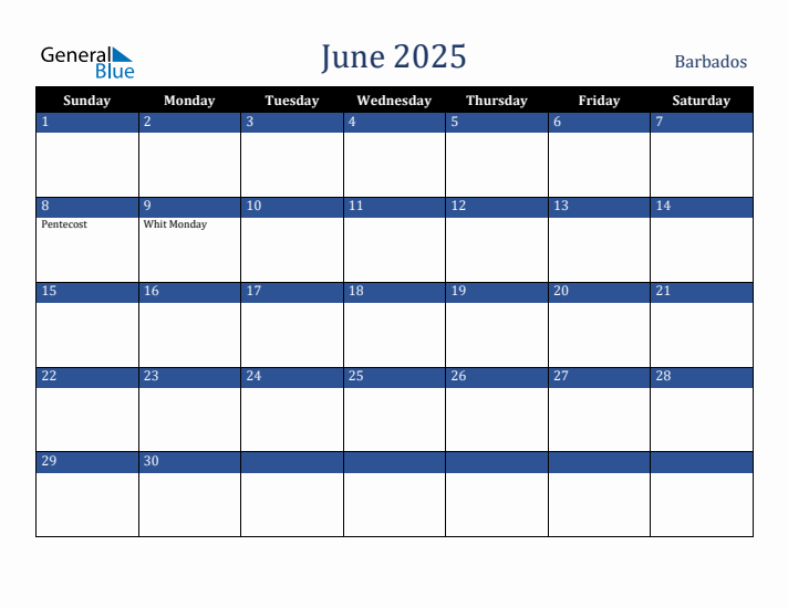 June 2025 Barbados Calendar (Sunday Start)