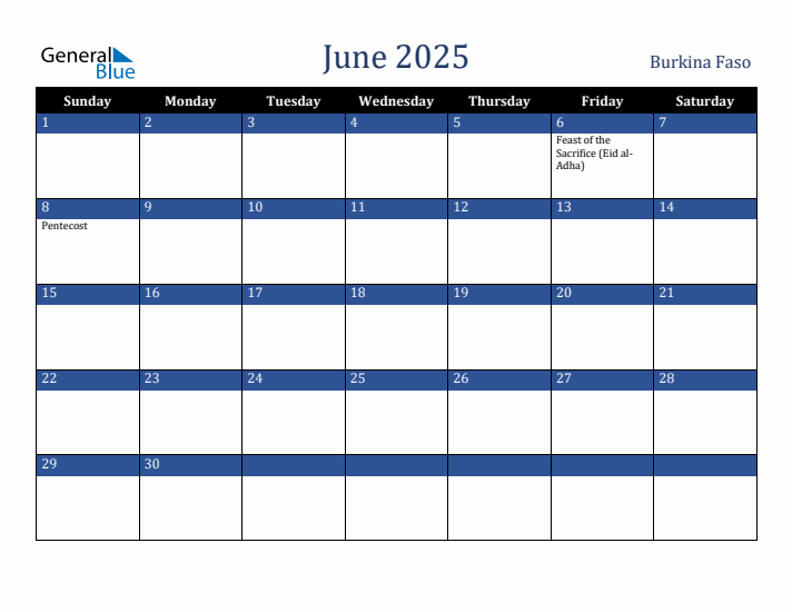 June 2025 Burkina Faso Calendar (Sunday Start)
