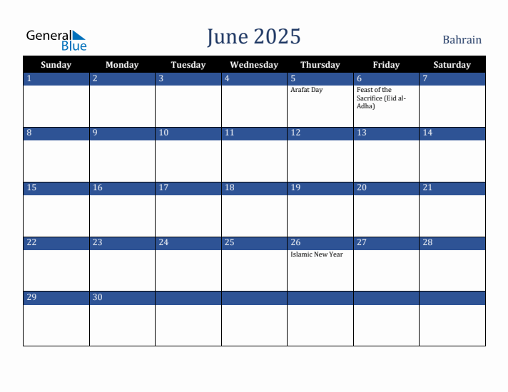 June 2025 Bahrain Calendar (Sunday Start)