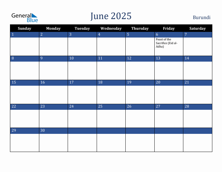 June 2025 Burundi Calendar (Sunday Start)