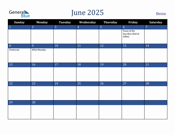 June 2025 Benin Calendar (Sunday Start)
