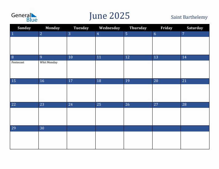 June 2025 Saint Barthelemy Calendar (Sunday Start)