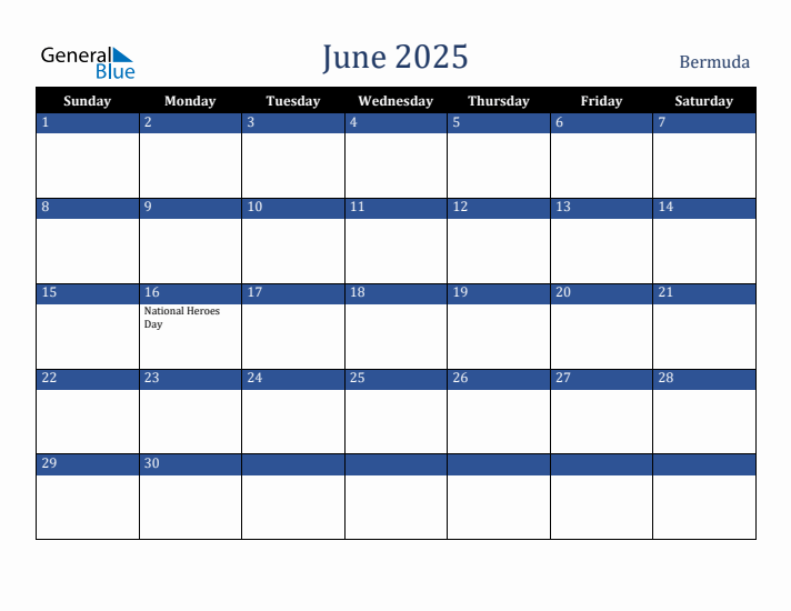 June 2025 Bermuda Calendar (Sunday Start)
