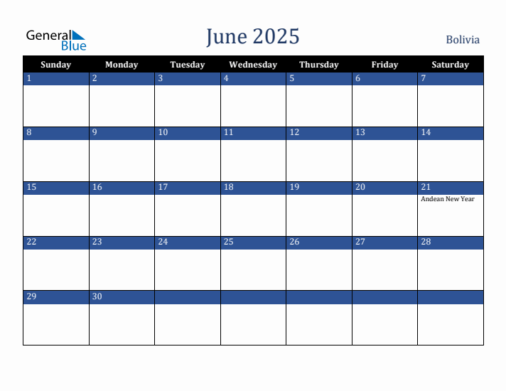 June 2025 Bolivia Calendar (Sunday Start)
