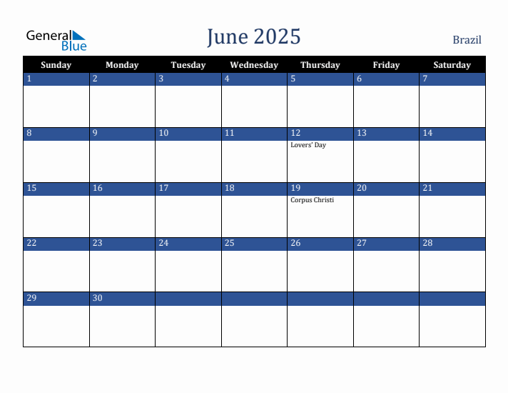 June 2025 Brazil Calendar (Sunday Start)