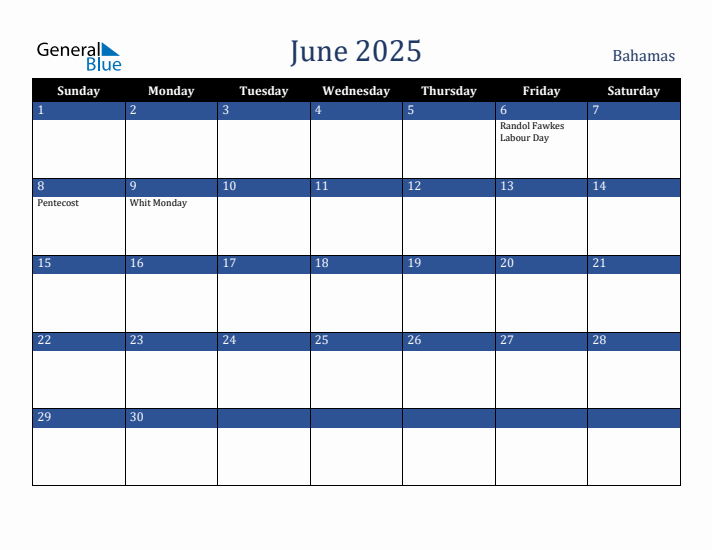 June 2025 Bahamas Calendar (Sunday Start)