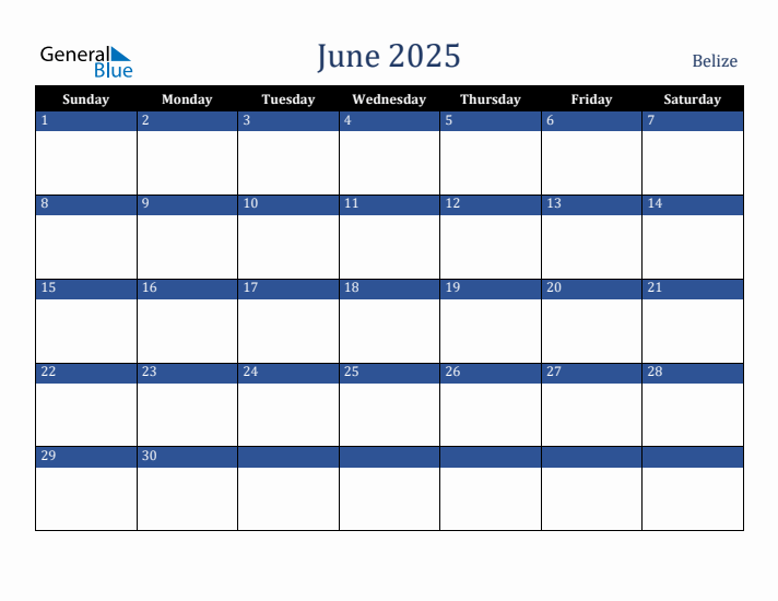 June 2025 Belize Calendar (Sunday Start)