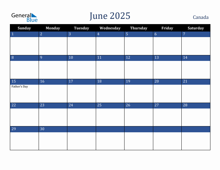 June 2025 Canada Calendar (Sunday Start)