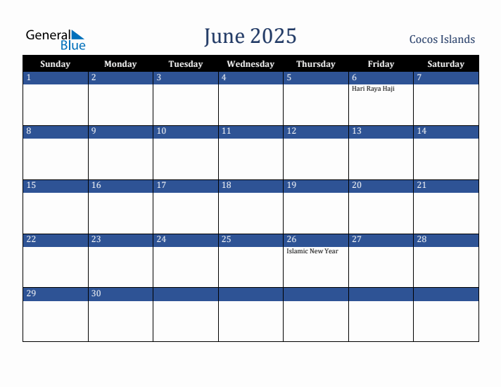 June 2025 Cocos Islands Calendar (Sunday Start)