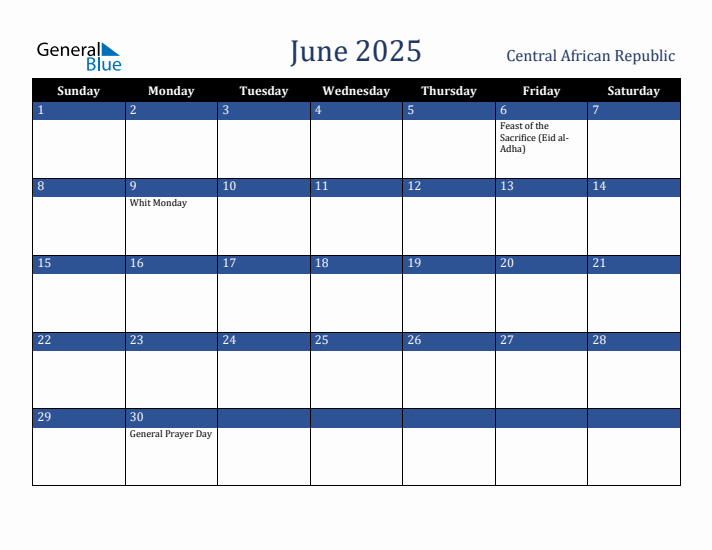 June 2025 Central African Republic Calendar (Sunday Start)