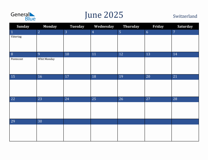 June 2025 Switzerland Calendar (Sunday Start)