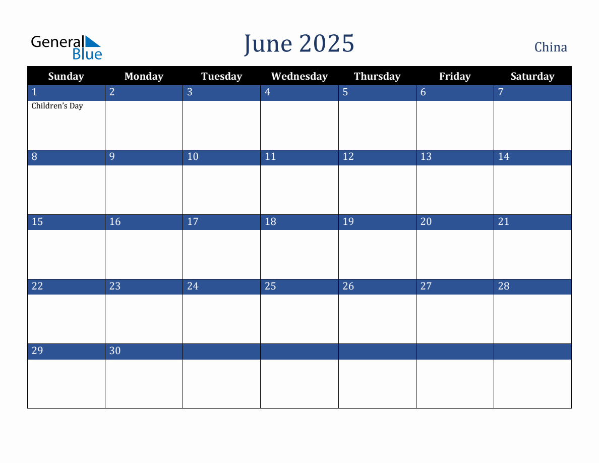 June 2025 China Holiday Calendar