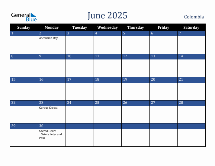 June 2025 Colombia Calendar (Sunday Start)