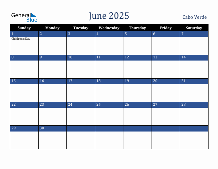 June 2025 Cabo Verde Calendar (Sunday Start)