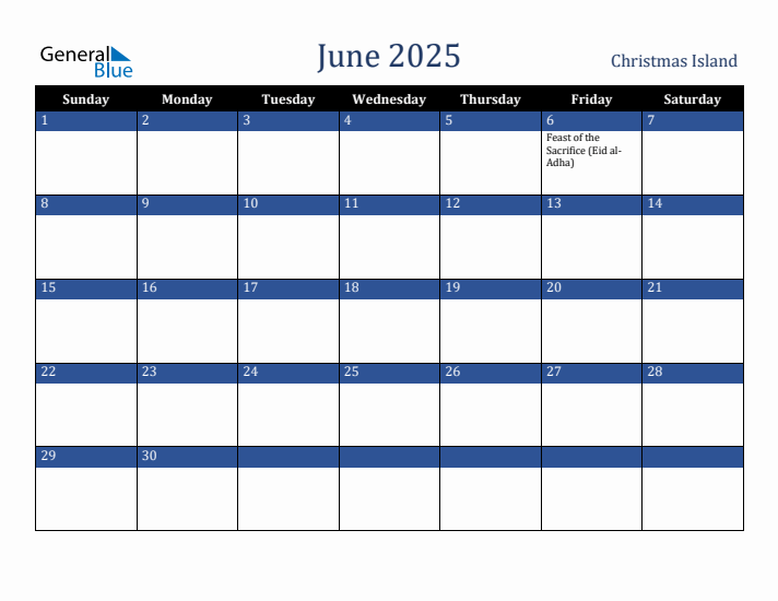 June 2025 Christmas Island Calendar (Sunday Start)