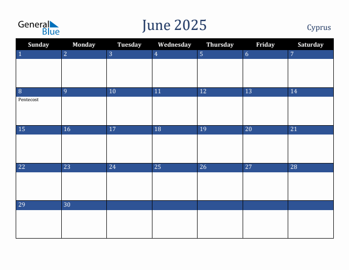 June 2025 Cyprus Calendar (Sunday Start)
