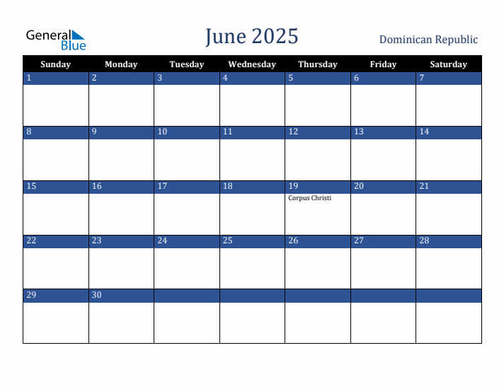 June 2025 Dominican Republic Calendar (Sunday Start)