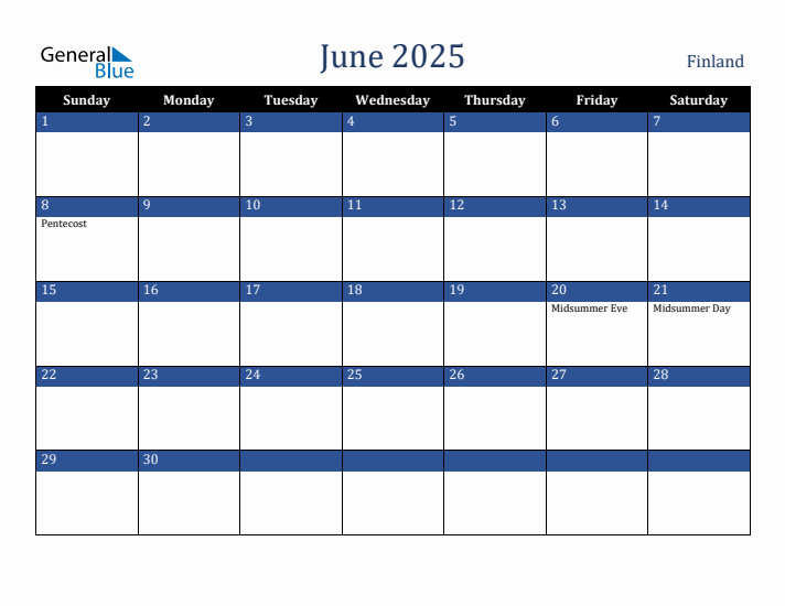 June 2025 Finland Calendar (Sunday Start)