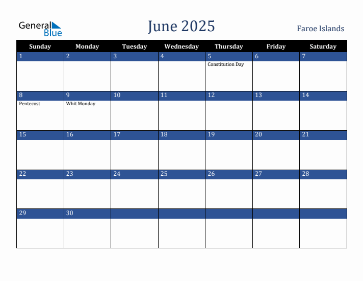 June 2025 Monthly Calendar with Faroe Islands Holidays