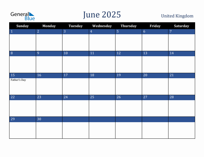 June 2025 United Kingdom Calendar (Sunday Start)