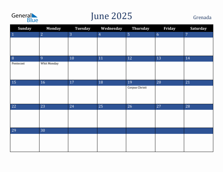 June 2025 Grenada Calendar (Sunday Start)