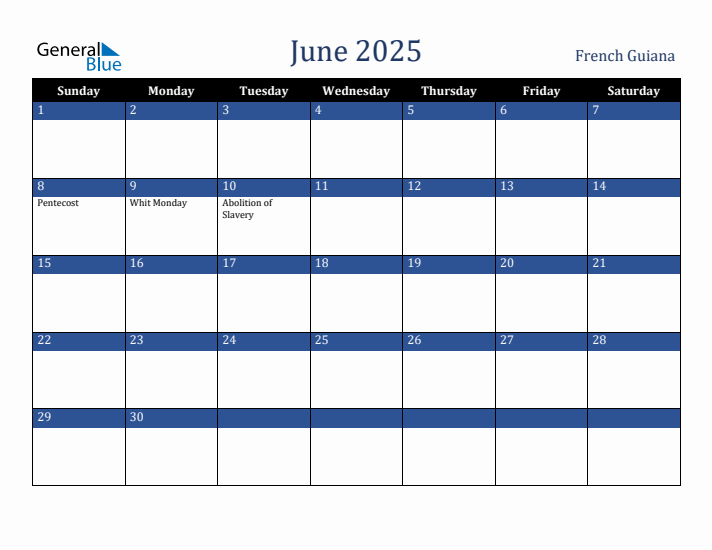 June 2025 French Guiana Calendar (Sunday Start)