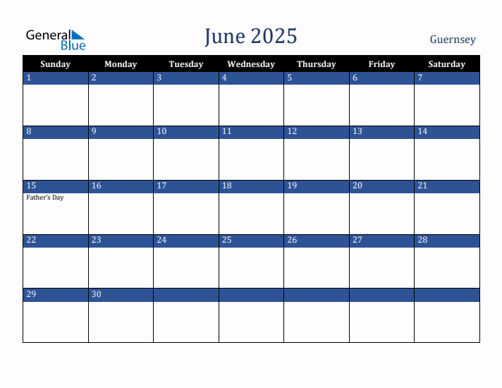 June 2025 Guernsey Calendar (Sunday Start)