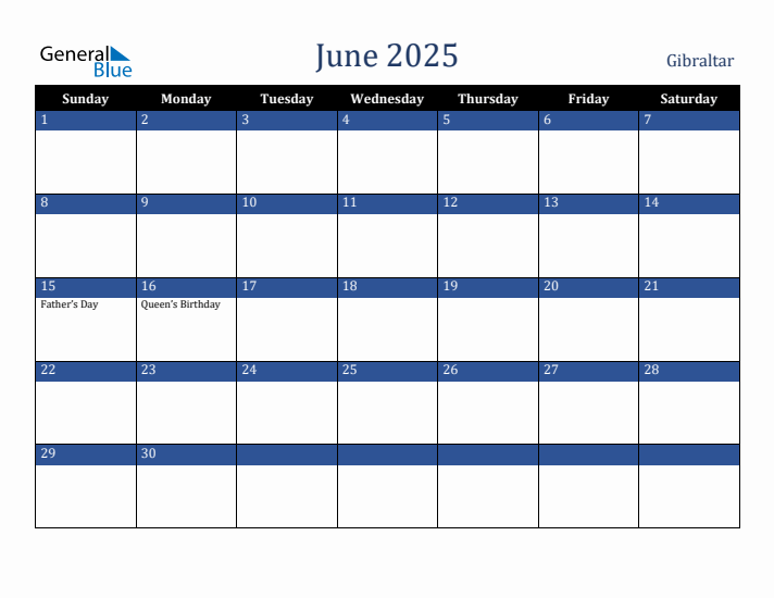 June 2025 Gibraltar Calendar (Sunday Start)