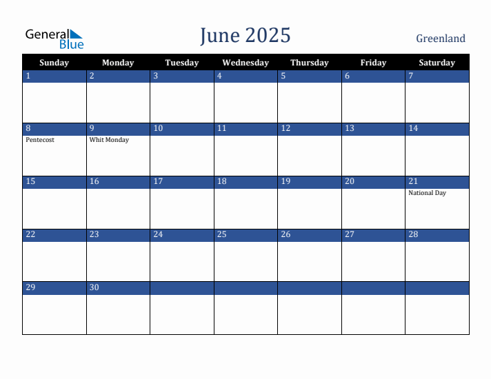 June 2025 Greenland Calendar (Sunday Start)