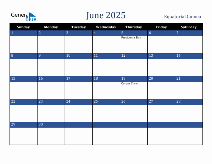 June 2025 Equatorial Guinea Calendar (Sunday Start)
