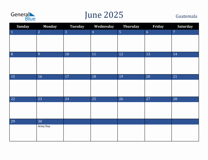 June 2025 Guatemala Calendar (Sunday Start)