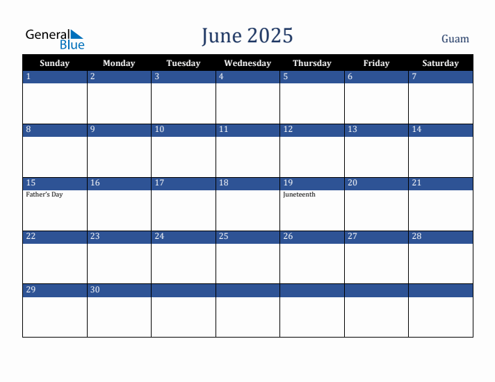 June 2025 Guam Calendar (Sunday Start)