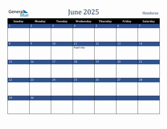 June 2025 Honduras Calendar (Sunday Start)