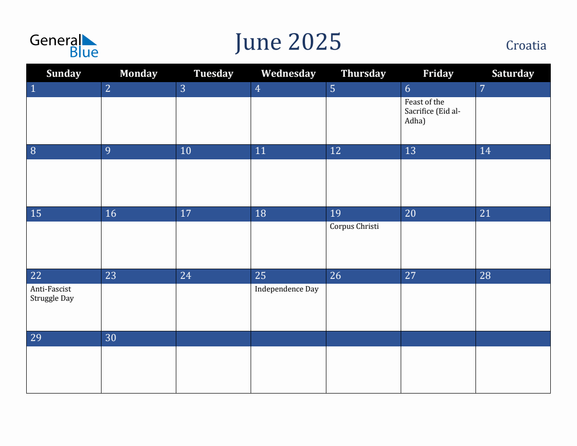 June 2025 Croatia Holiday Calendar