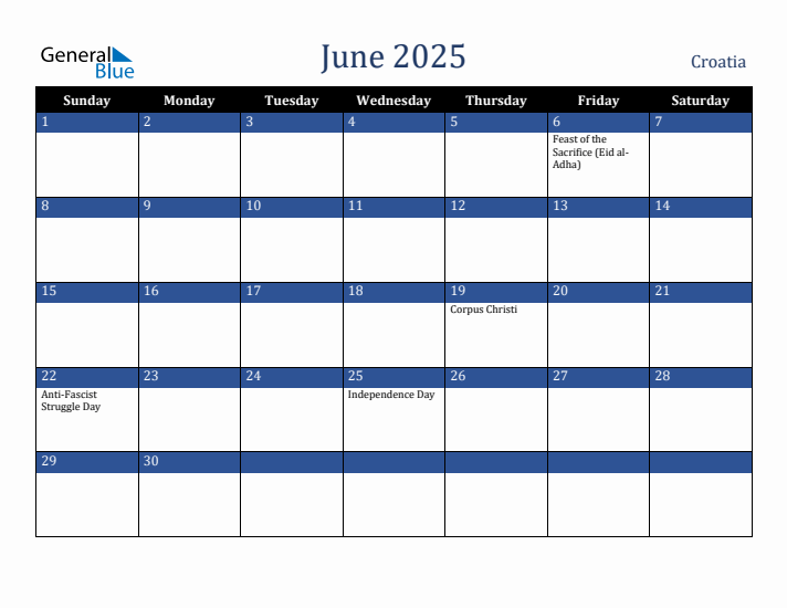 June 2025 Croatia Calendar (Sunday Start)