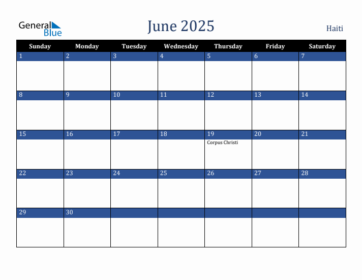 June 2025 Haiti Calendar (Sunday Start)