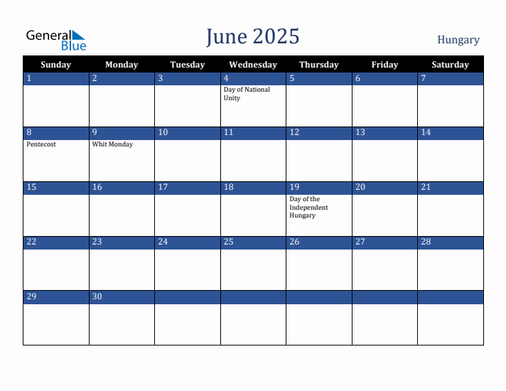 June 2025 Hungary Calendar (Sunday Start)