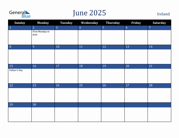 June 2025 Ireland Calendar (Sunday Start)