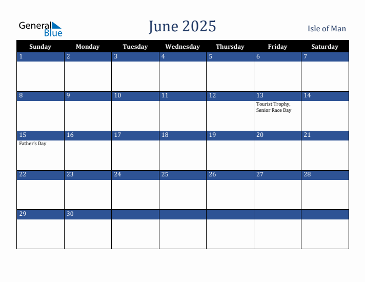 June 2025 Isle of Man Calendar (Sunday Start)