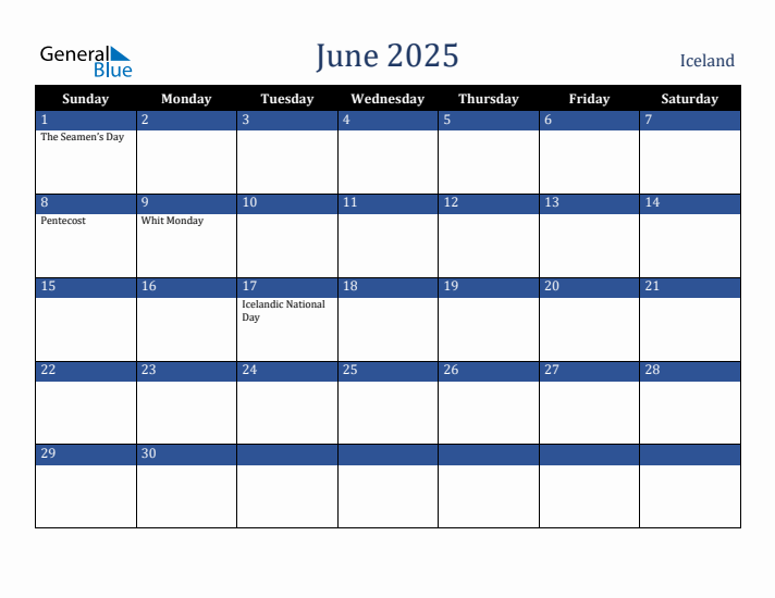 June 2025 Iceland Calendar (Sunday Start)