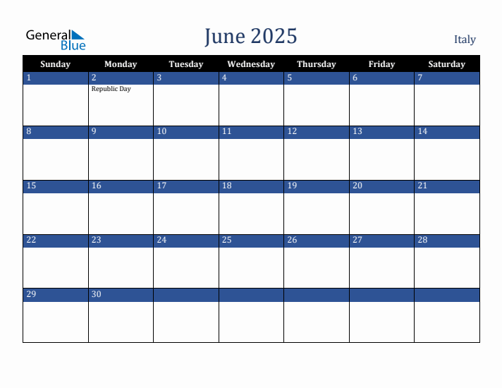 June 2025 Italy Calendar (Sunday Start)