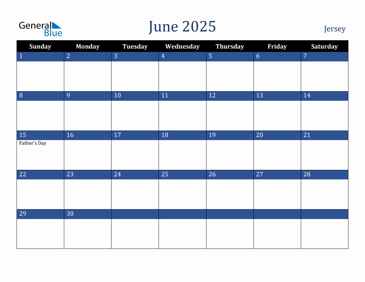 June 2025 Jersey Holiday Calendar