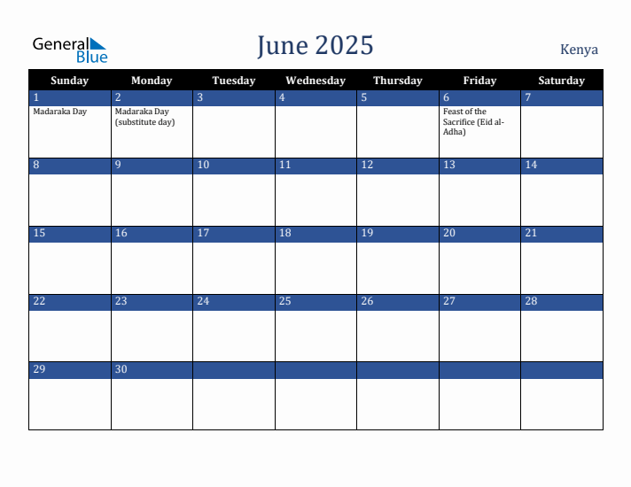 June 2025 Monthly Calendar with Kenya Holidays