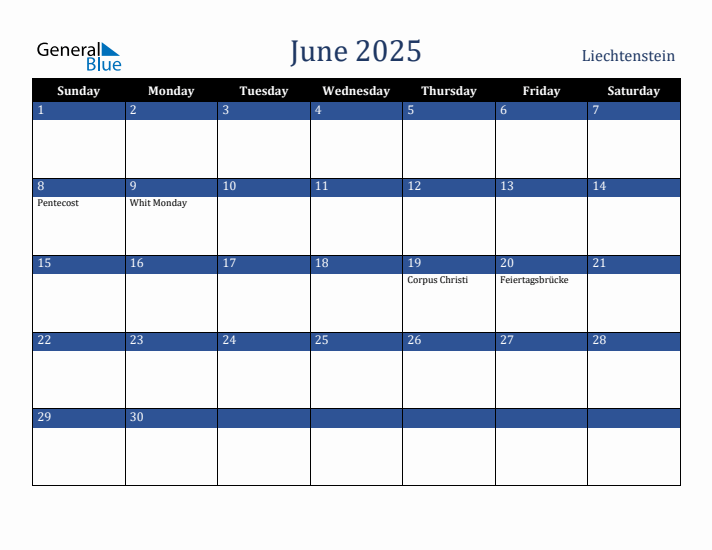 June 2025 Liechtenstein Calendar (Sunday Start)